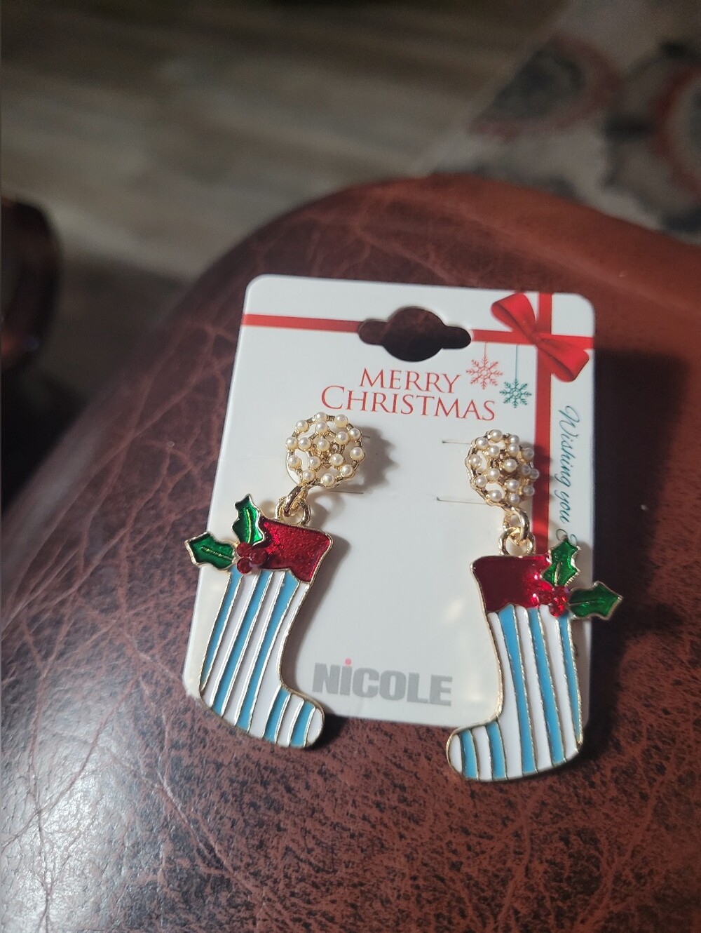 Festive Nicole brand blue and white striped Christmas stocking Earrings